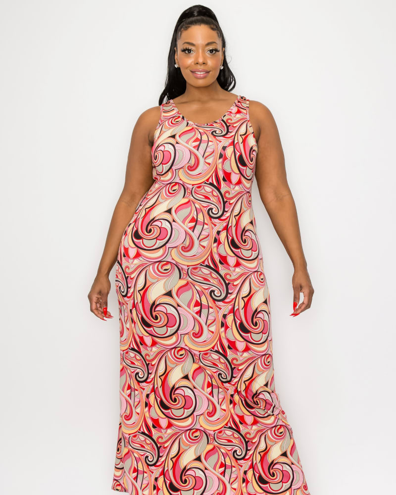 Front of a model wearing a size 3X Aries Sleeveless Maxi Dress in Red/Black by L I V D. | dia_product_style_image_id:267270